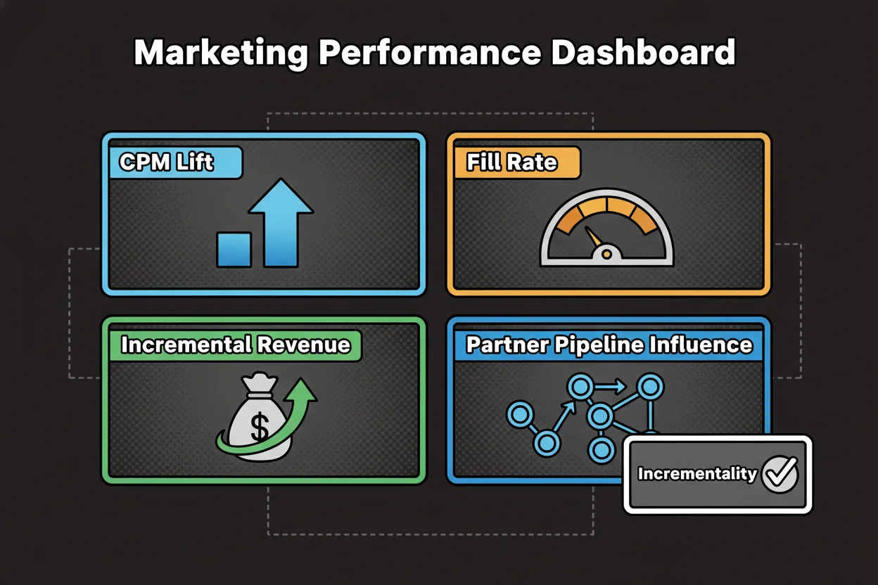 Dashboard showing CPM lift, fill rate, incremental revenue, partner pipeline influence, and a small incrementality panel