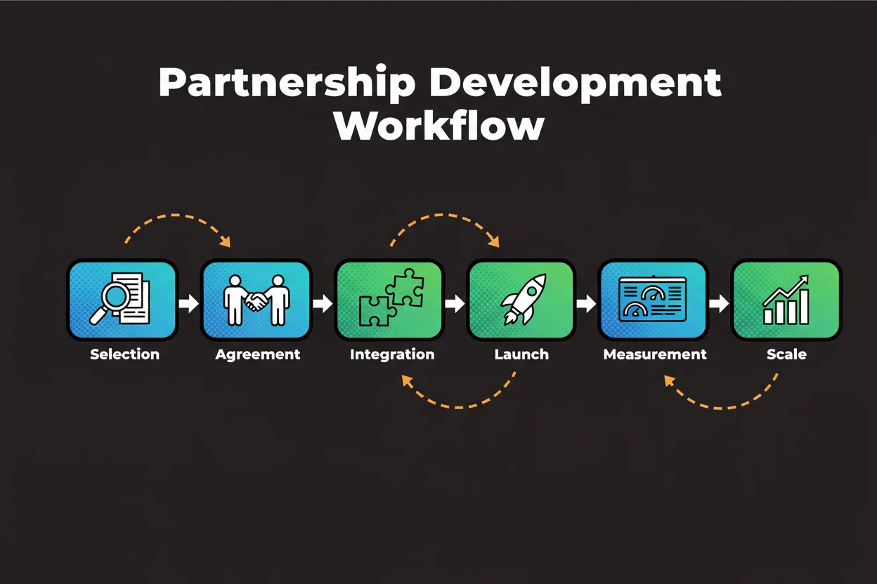 Workflow with stages for partner selection, agreement, integration, launch, measurement, and scale, with feedback arrows