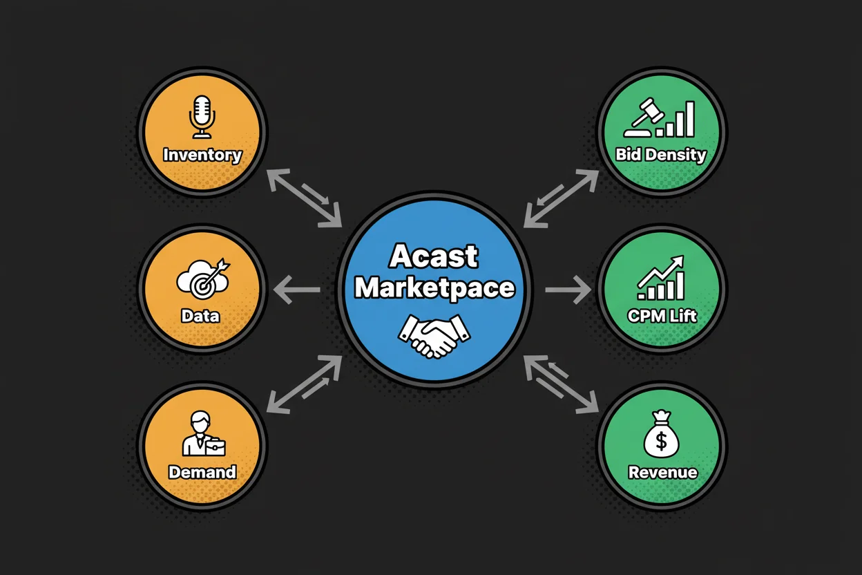 Acast at center with partner nodes for inventory, data, and demand feeding into an ad marketplace; outputs show bid density, CPM lift, and revenue