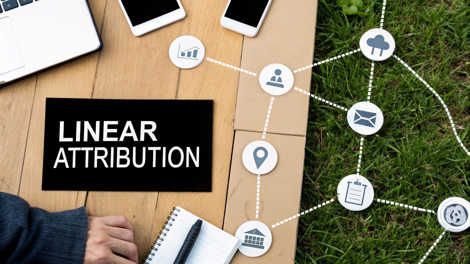 Overhead view of a workspace with 'LINEAR ATTRIBUTION' text, connected to a network of business icons on grass.