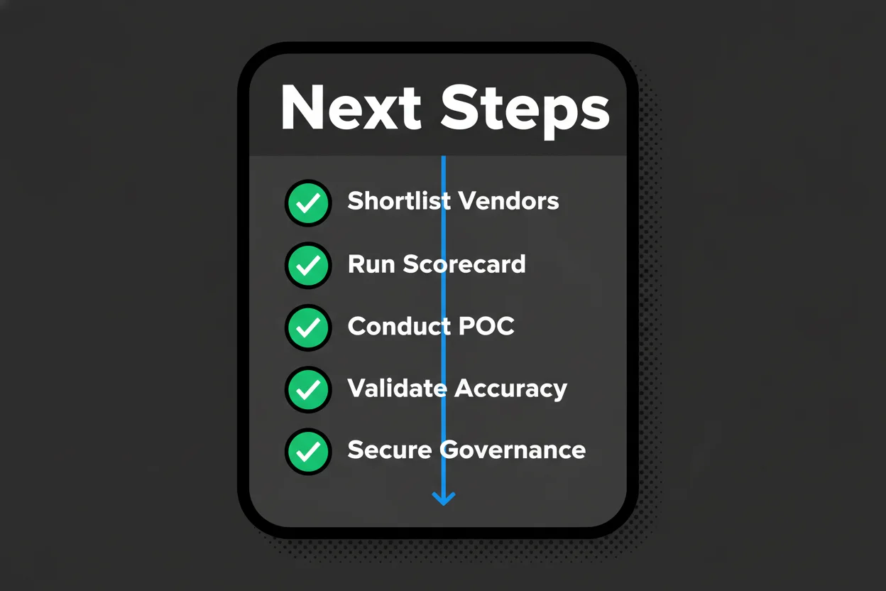 Minimal card-style visual with five checkmarks titled “Next Steps”: shortlist vendors, run scorecard, conduct POC, validate accuracy, and secure governance; clean layout with clear labels and a simple path icon.