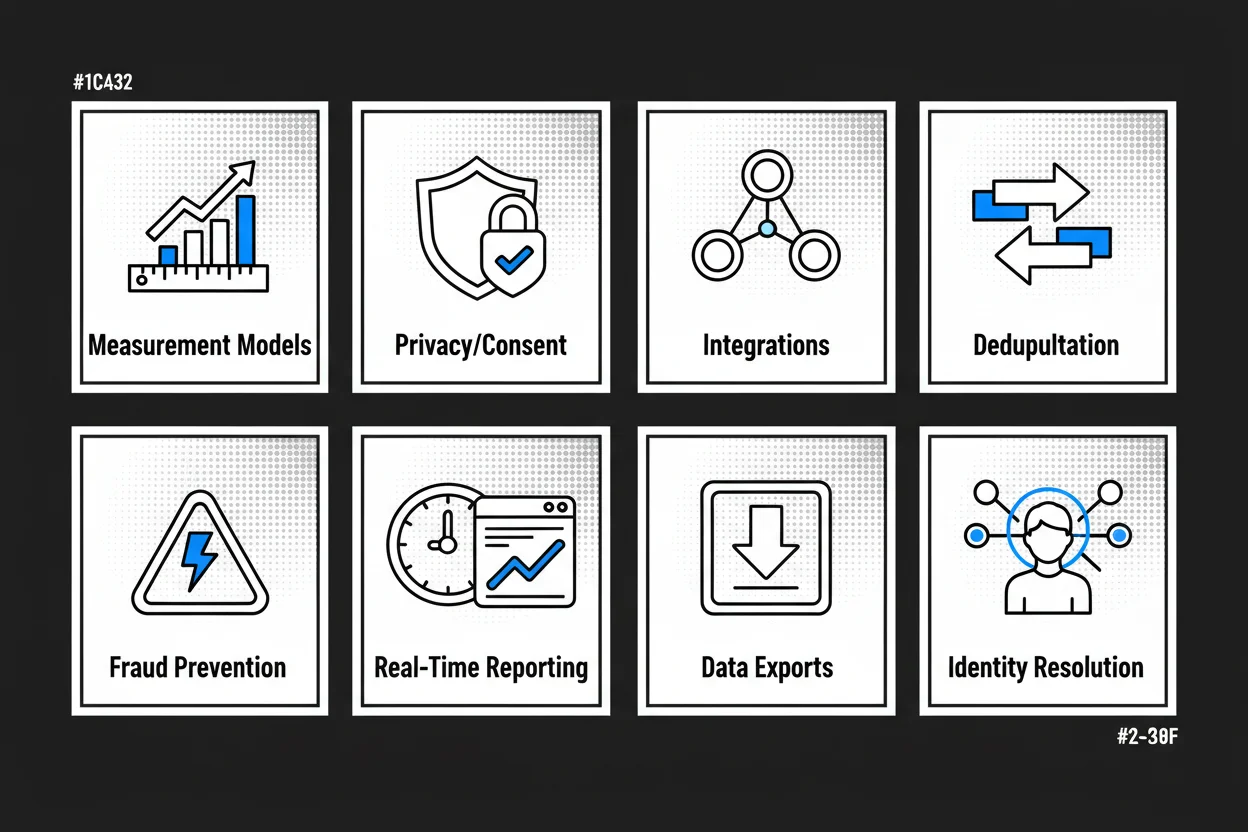 Grid of feature icons labeled: measurement models, privacy/consent, integrations, deduplication, fraud prevention, real-time reporting, data exports, identity resolution; simple monochrome icons with short labels under each.