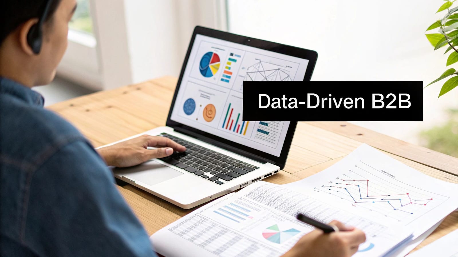 A person analyzing business data on a laptop and charts on paper, for data-driven B2B.