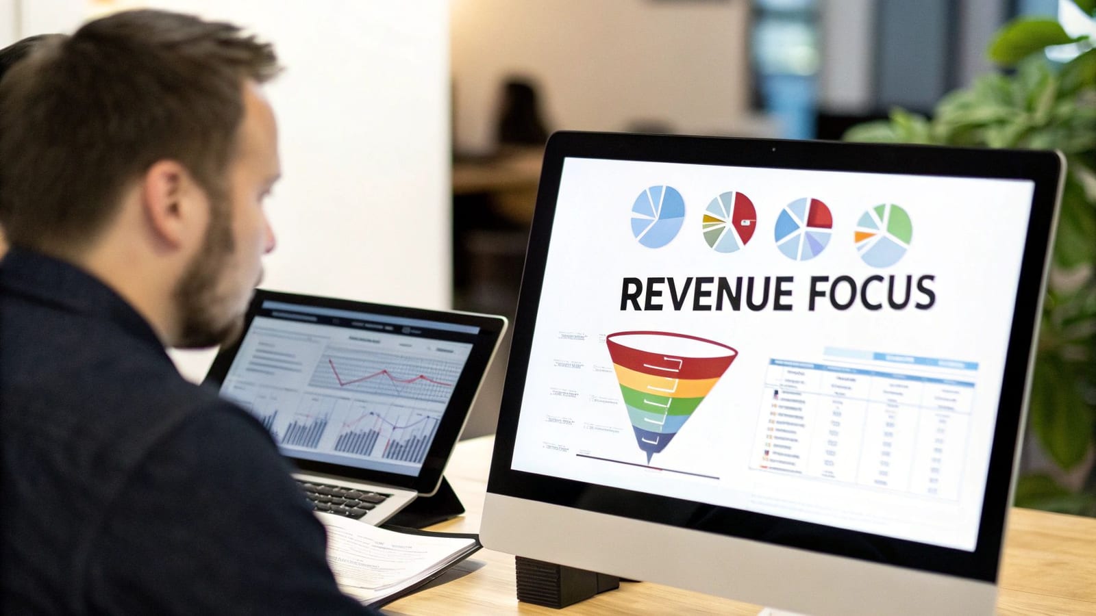 A man analyzing revenue focus data and marketing funnel charts on dual monitors in an office.