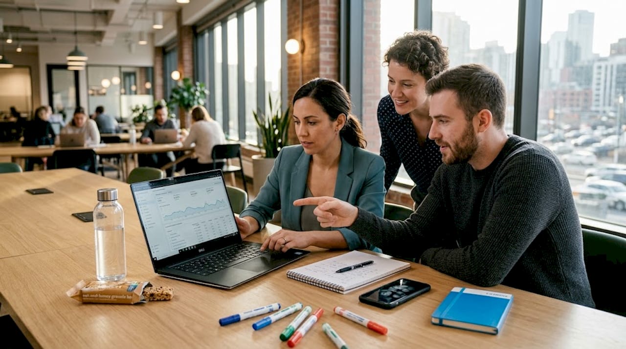 Marketing team collaborating over analytics dashboards
