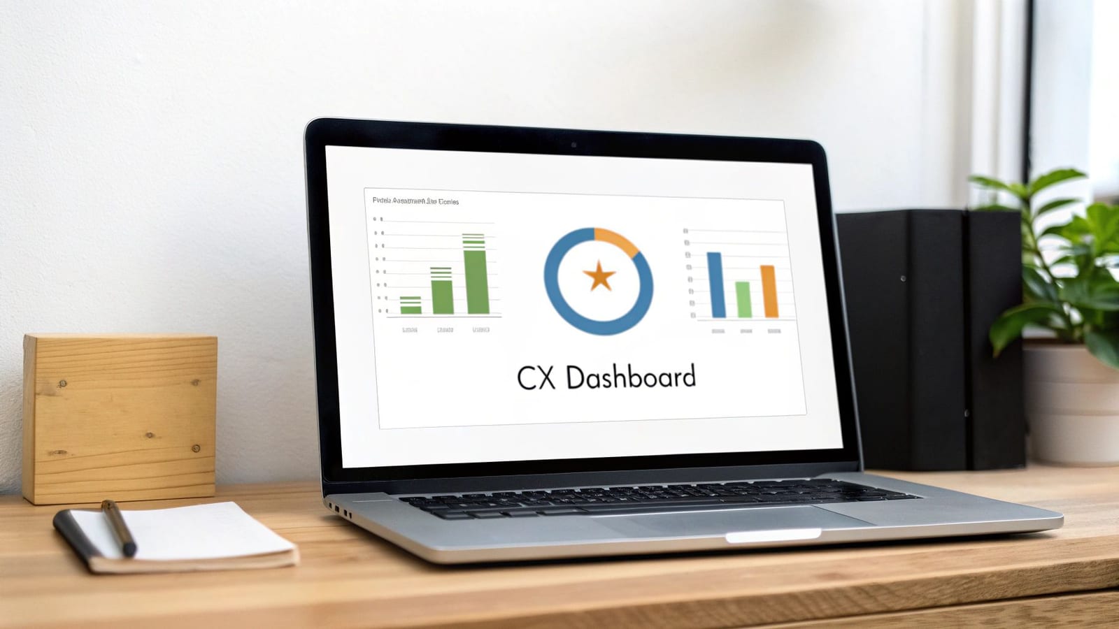 Laptop on a wooden desk showing a 'CX Dashboard' with charts and data visualizations.