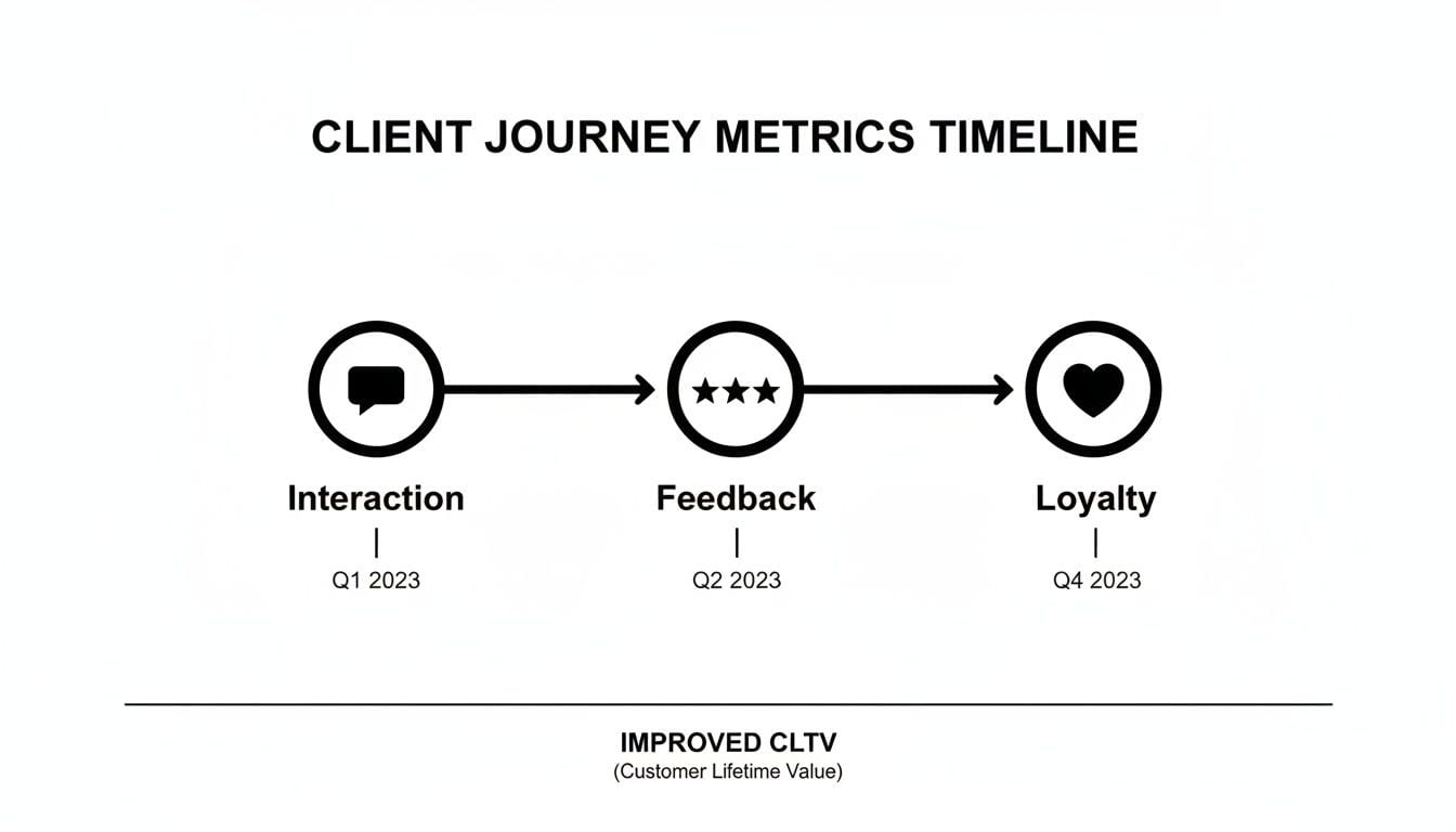 A timeline illustrating client journey metrics: Interaction (Q1 2023), Feedback (Q2 2023), and Loyalty (Q4 2023), aiming for improved CLTV.
