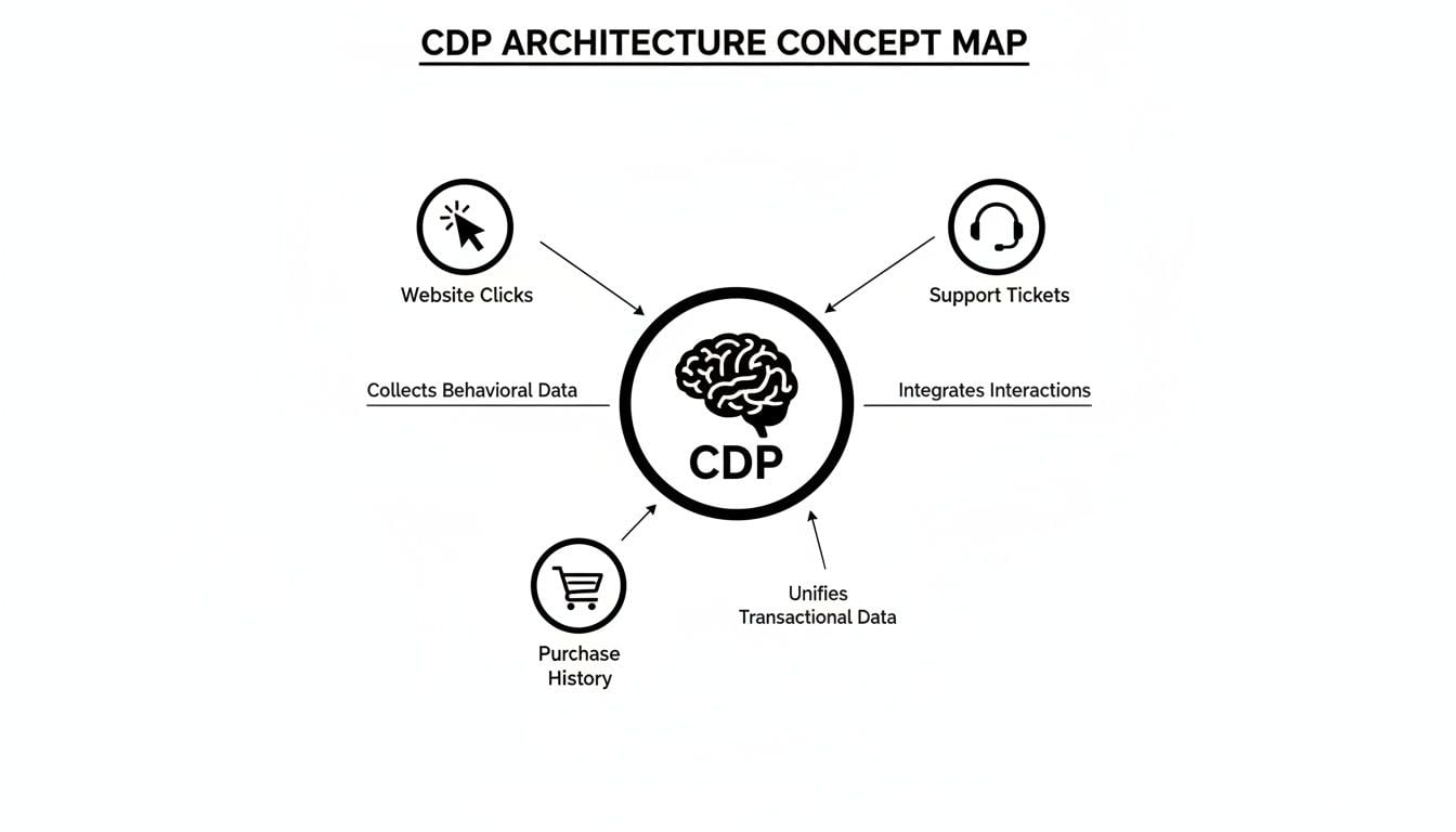 CDP architecture concept map showing integration of website clicks, support tickets, and purchase history data.