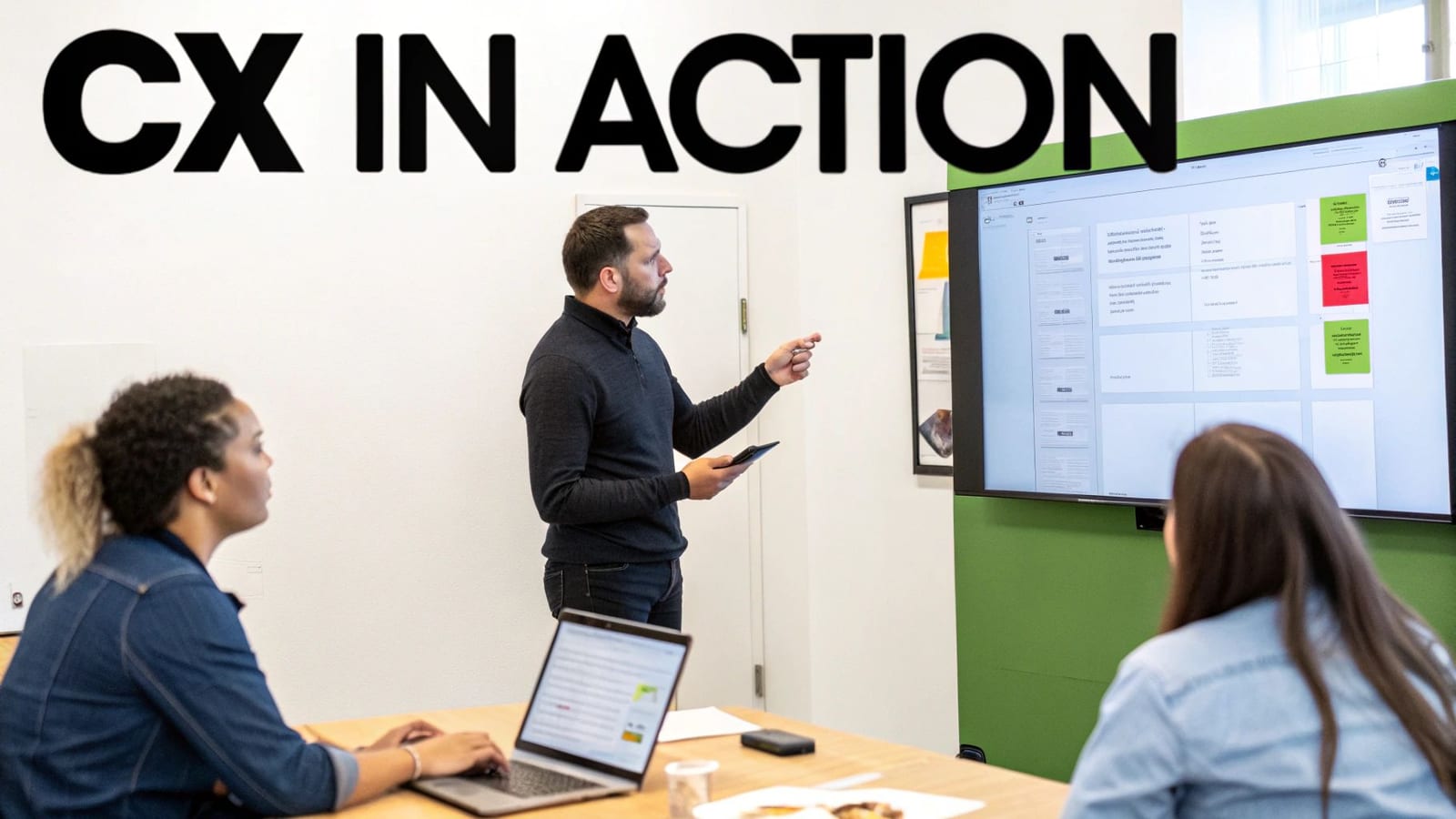 A man presents customer experience strategies on a large screen to two women in a modern office.