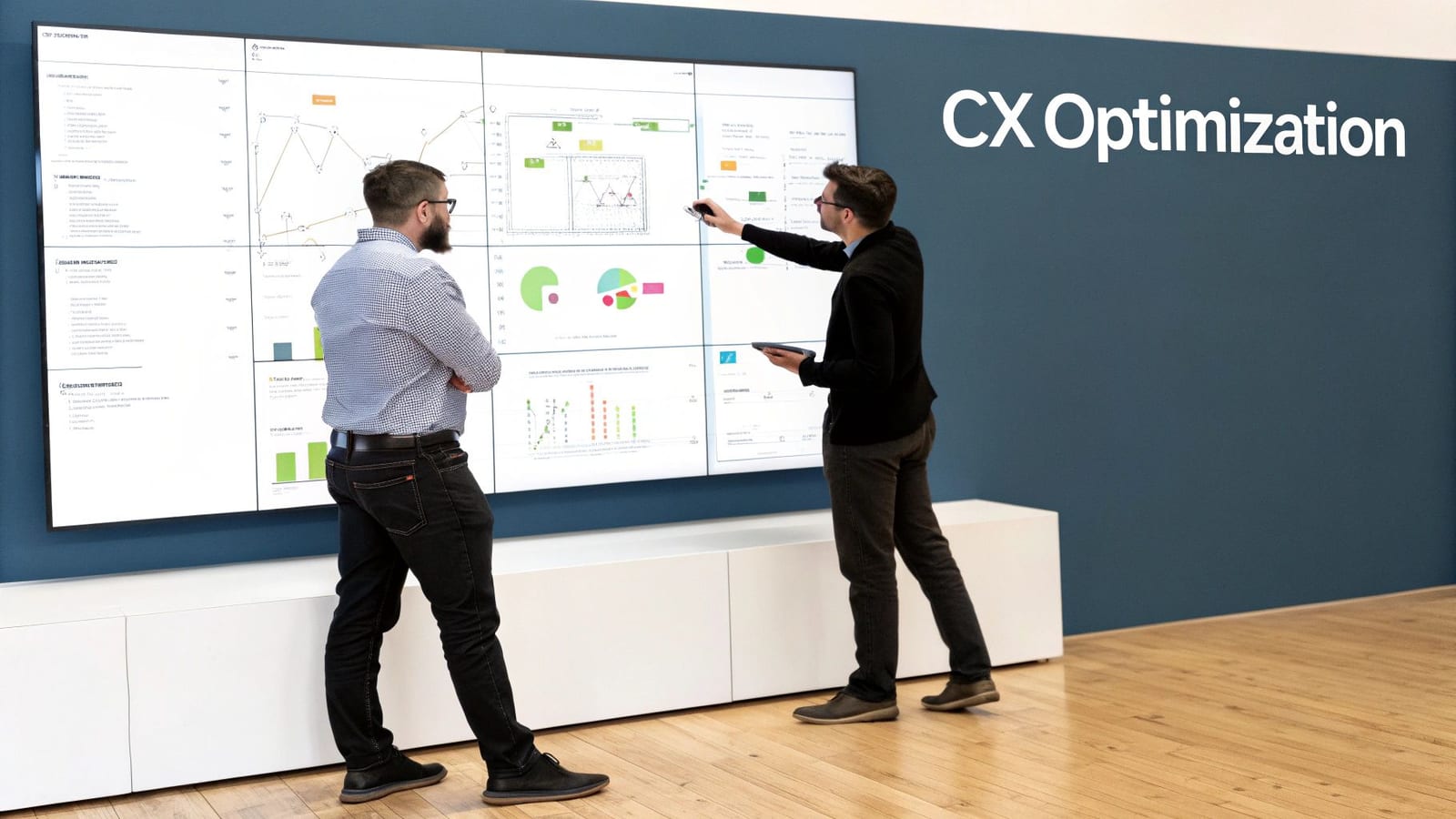 Two men discussing data on a large digital screen with charts and graphs about CX Optimization.