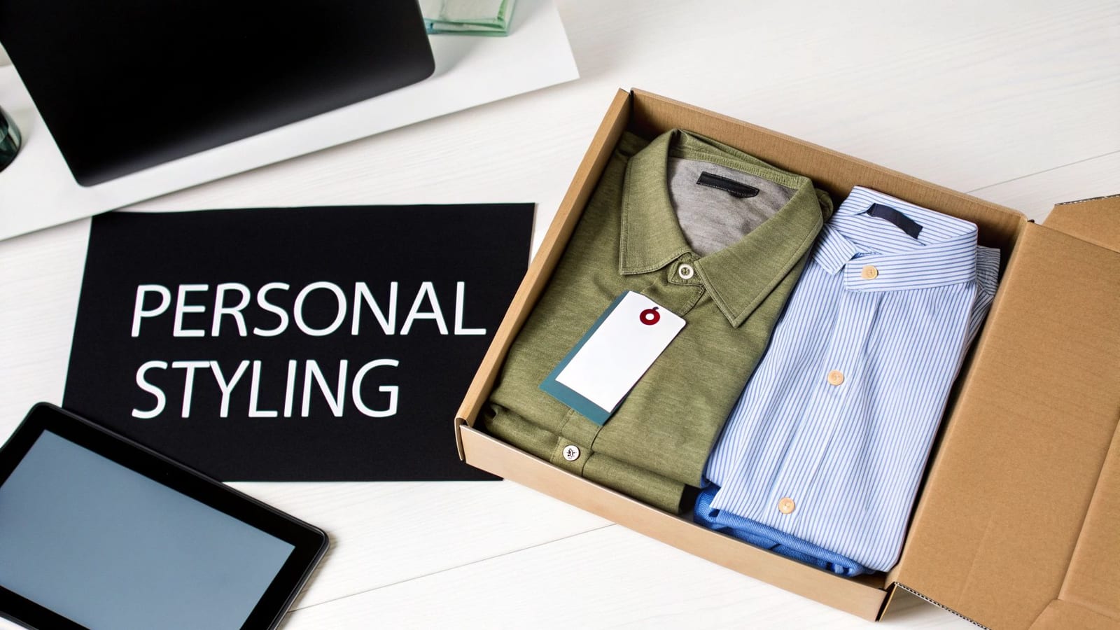 Overhead view of a personal styling box with two shirts, a tablet, and a 'PERSONAL STYLING' sign on a white table.