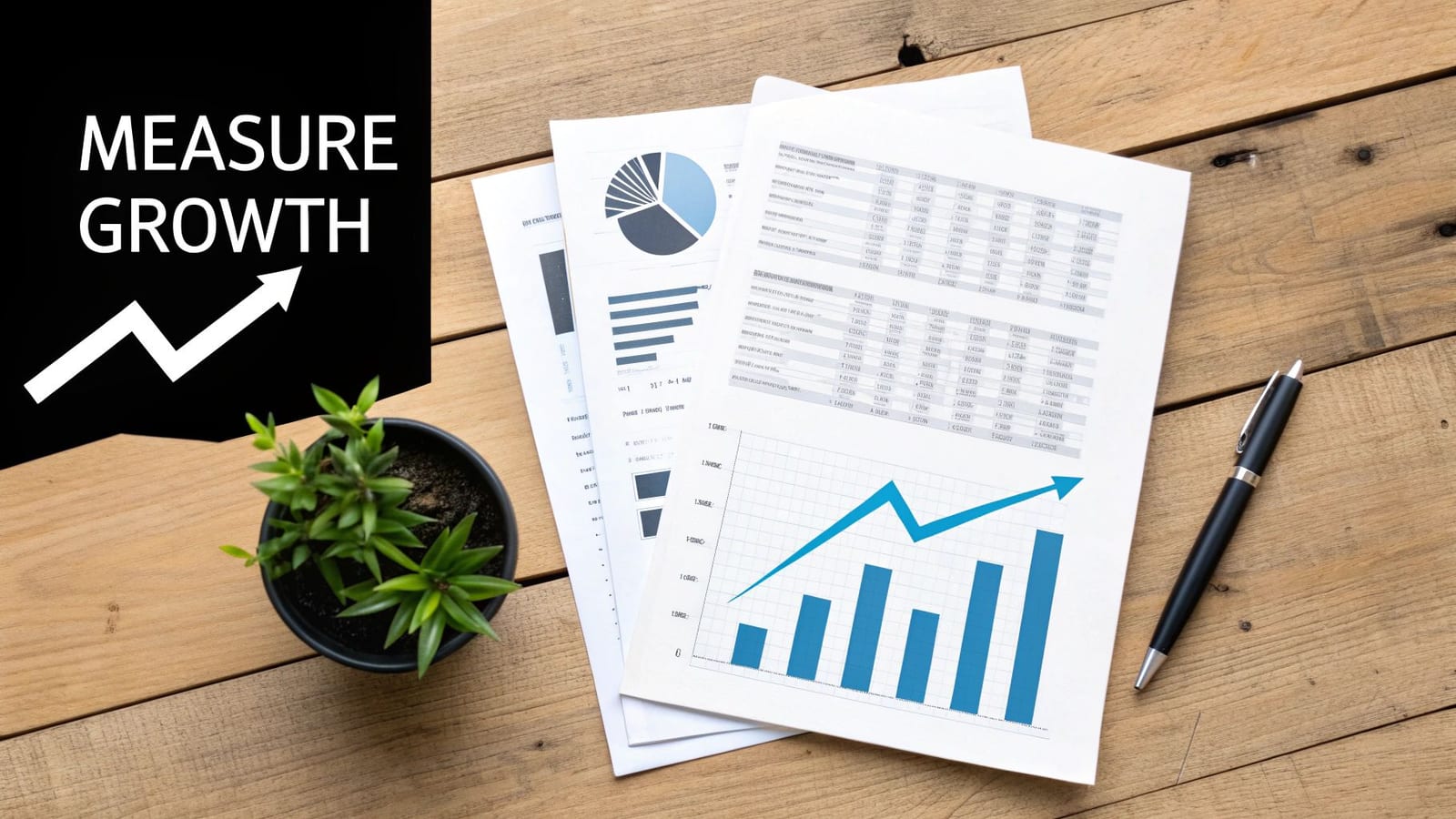 Overhead view of a desk with financial growth charts, business documents, a plant, and a pen.