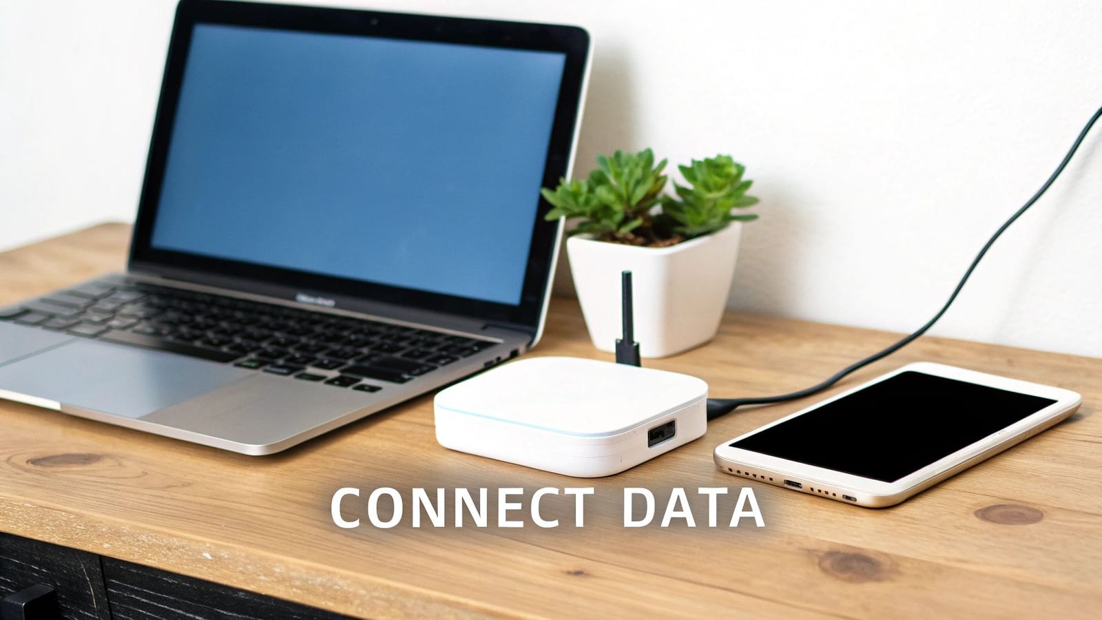 Laptop, white external device, and smartphone connected on a wooden desk, illustrating data transfer.