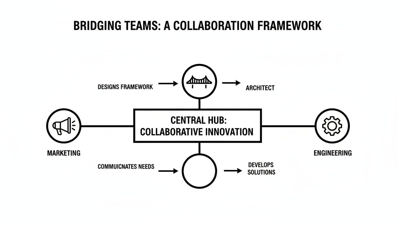 A collaboration framework diagram illustrating a central hub connecting marketing, engineering, and architect teams.