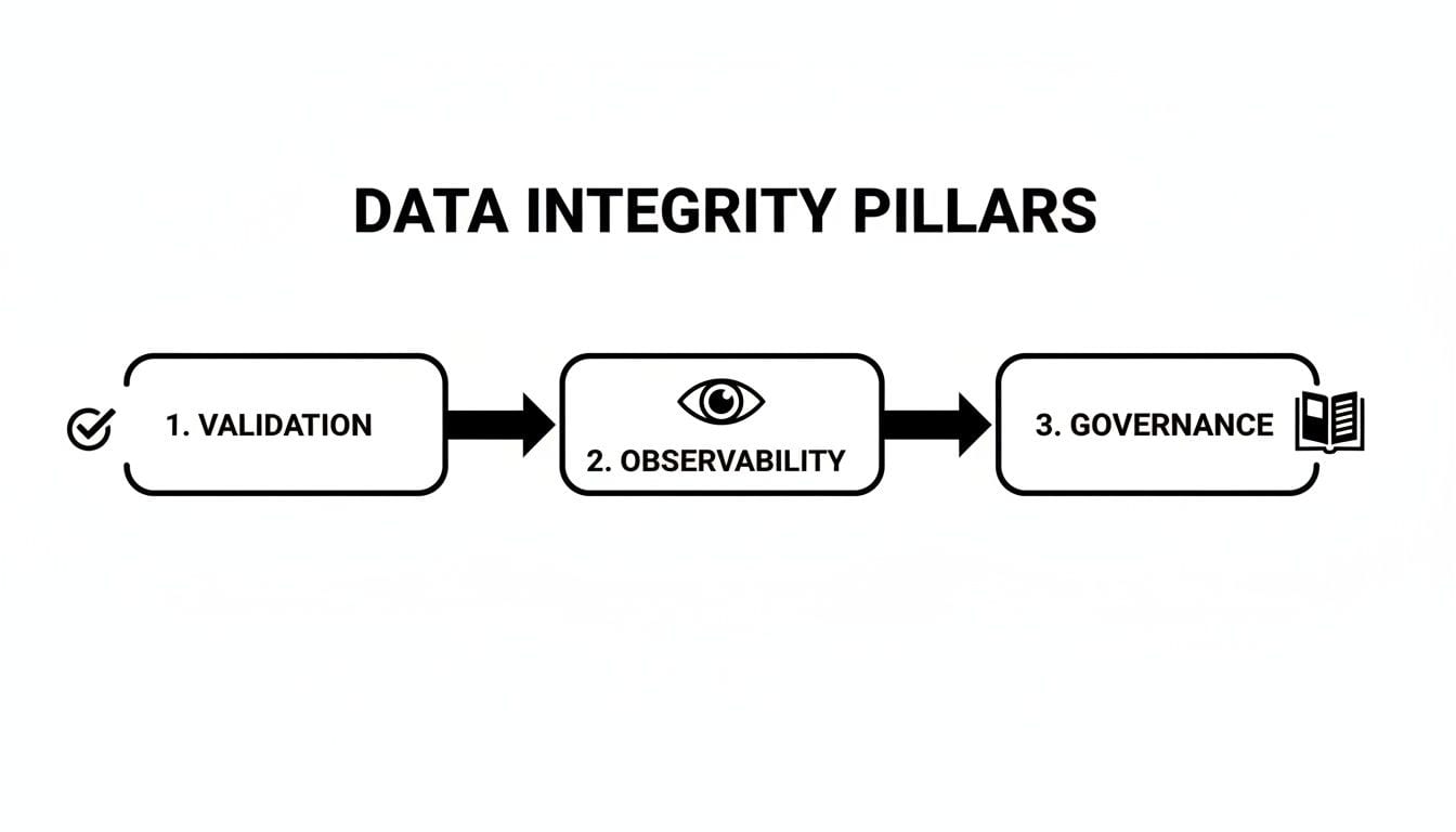 A diagram illustrating the three essential data integrity pillars: validation, observability, and governance.