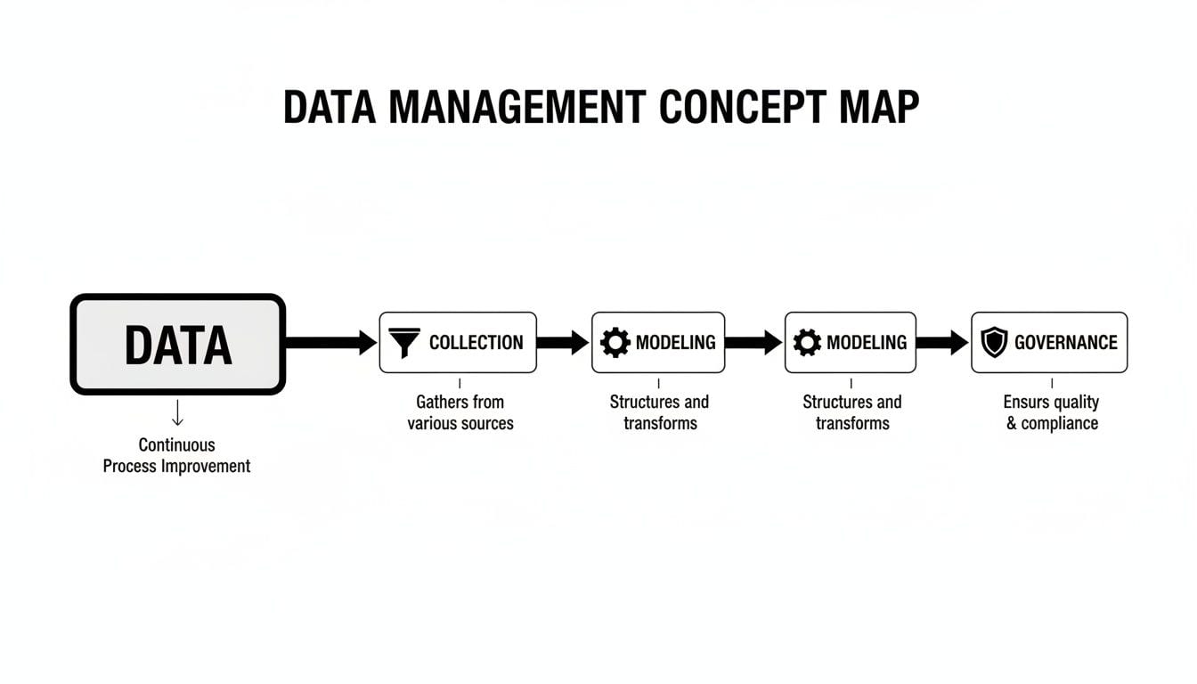 A data management concept map illustrating the workflow from data collection to governance.
