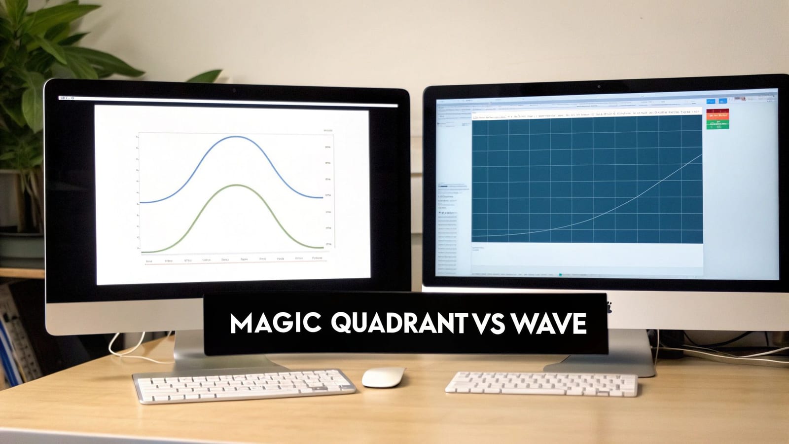 Dual computer monitors on a desk display analytical graphs comparing 'Magic Quadrant vs Wave' research methods.