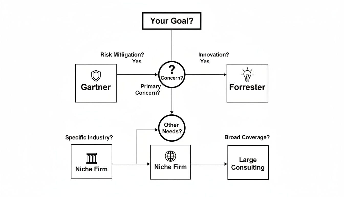 Decision flowchart guiding selection of research and consulting firms based on goals like risk or innovation.