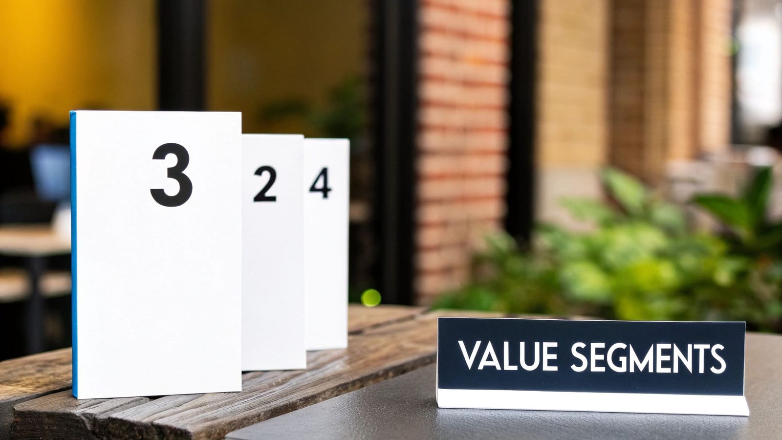 Three white cards numbered 3, 2, 4, with a 'VALUE SEGMENTS' sign on a table.