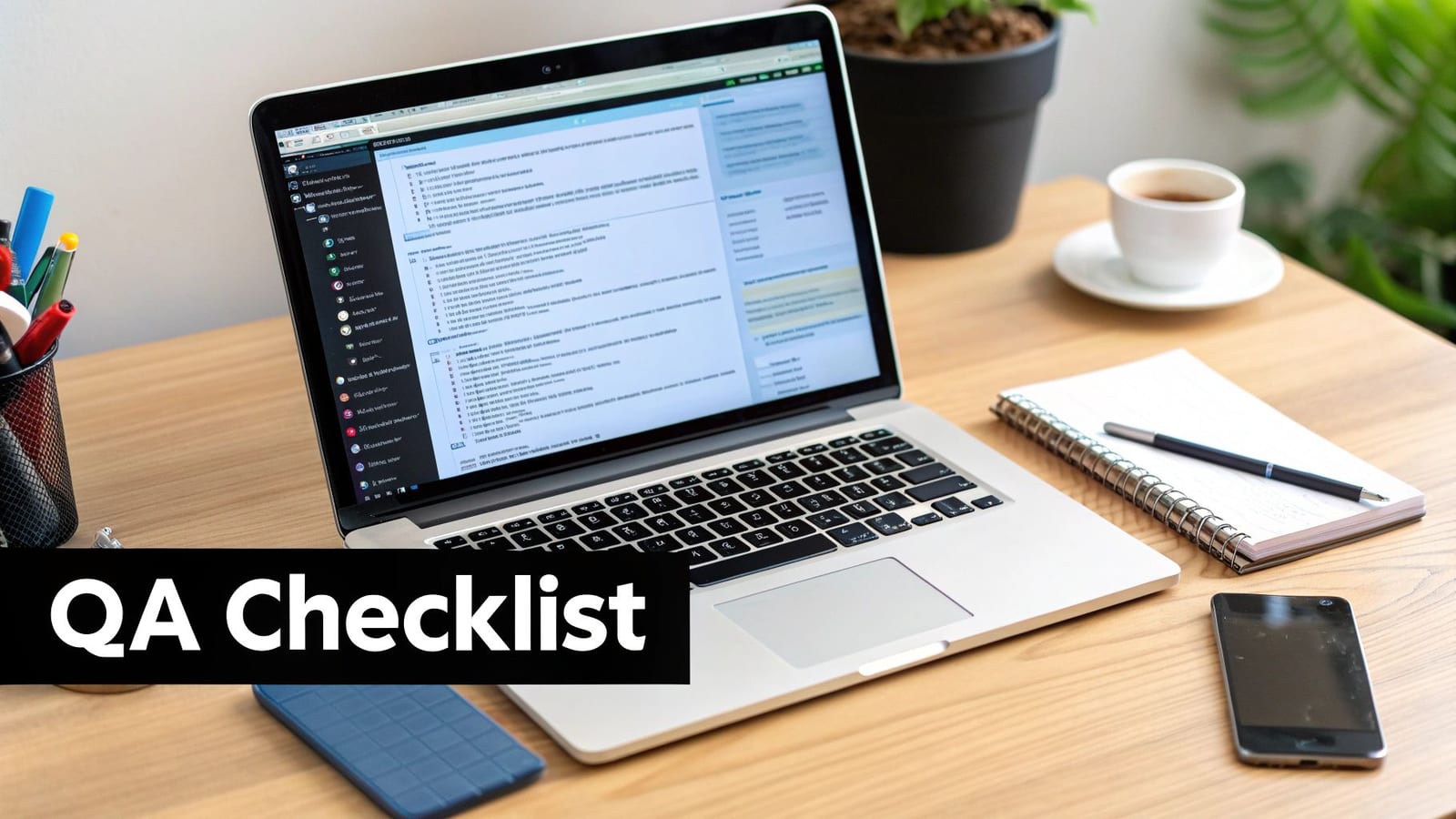 A desk setup with a laptop displaying a QA checklist, a notebook, coffee, and smartphones.