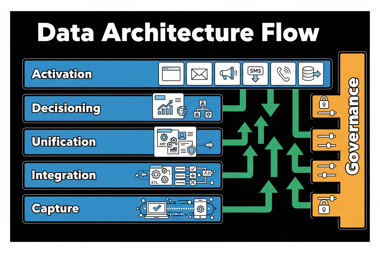 Layered architecture diagram: bottom layer shows Web and Mobile App surfaces with d4t4 Celebrus capture nodes feeding a real-time event bus; above, a Talend data integration layer with small icons for ETL/ELT, schema mapping, data quality, and low-latency routing; next, a Marketing Data Platform/CDP box for identity unification and consent; above that, an Analytics/ML Decisioning box with rules and models; at the top, Activation channels arranged side by side (web personalization module, email platform, paid media connector, SMS gateway, sales CRM). A vertical Governance/Privacy rail runs along the right, with locks and sliders symbolizing consent gating, policy, and audit.