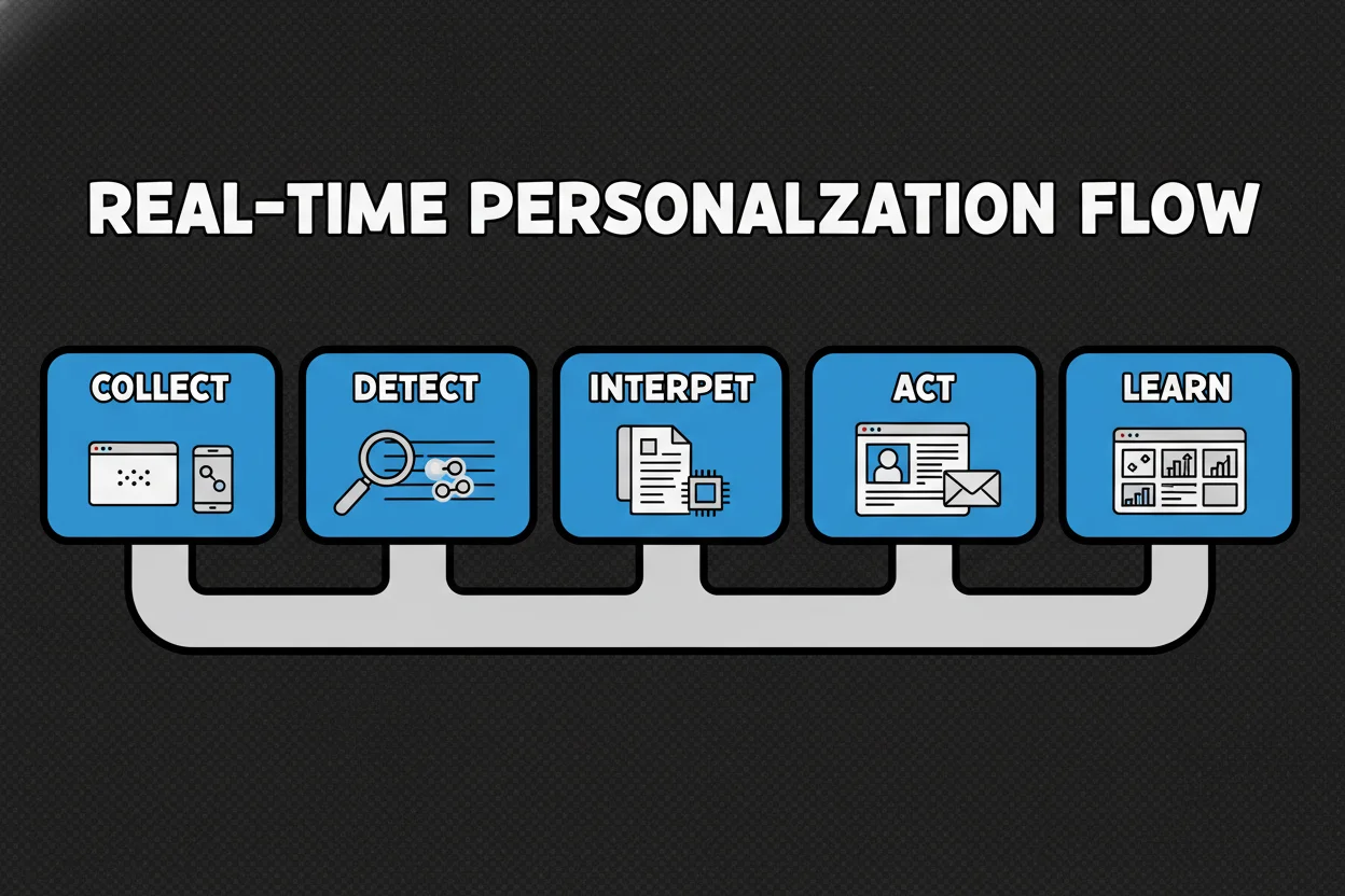 A clean horizontal flow diagram with five panels from left to right: Collect (icons of web and app with tiny click/scroll dots), Detect (magnifying glass over event stream highlighting “pricing revisit” and “abandoned application”), Interpret (rules card and small ML chip selecting “next-best-action”), Act (webpage mock updating hero and small email icon sending), Learn (dashboard tiles with CTR, conversion, and revenue). Above the arrow between Detect and Act, a small label reads “~200 ms to decisioning.” Along the main arrow, a subtle note reads “≤500 ms end-to-end for on-page personalization.” Minimal colors, lots of white space.