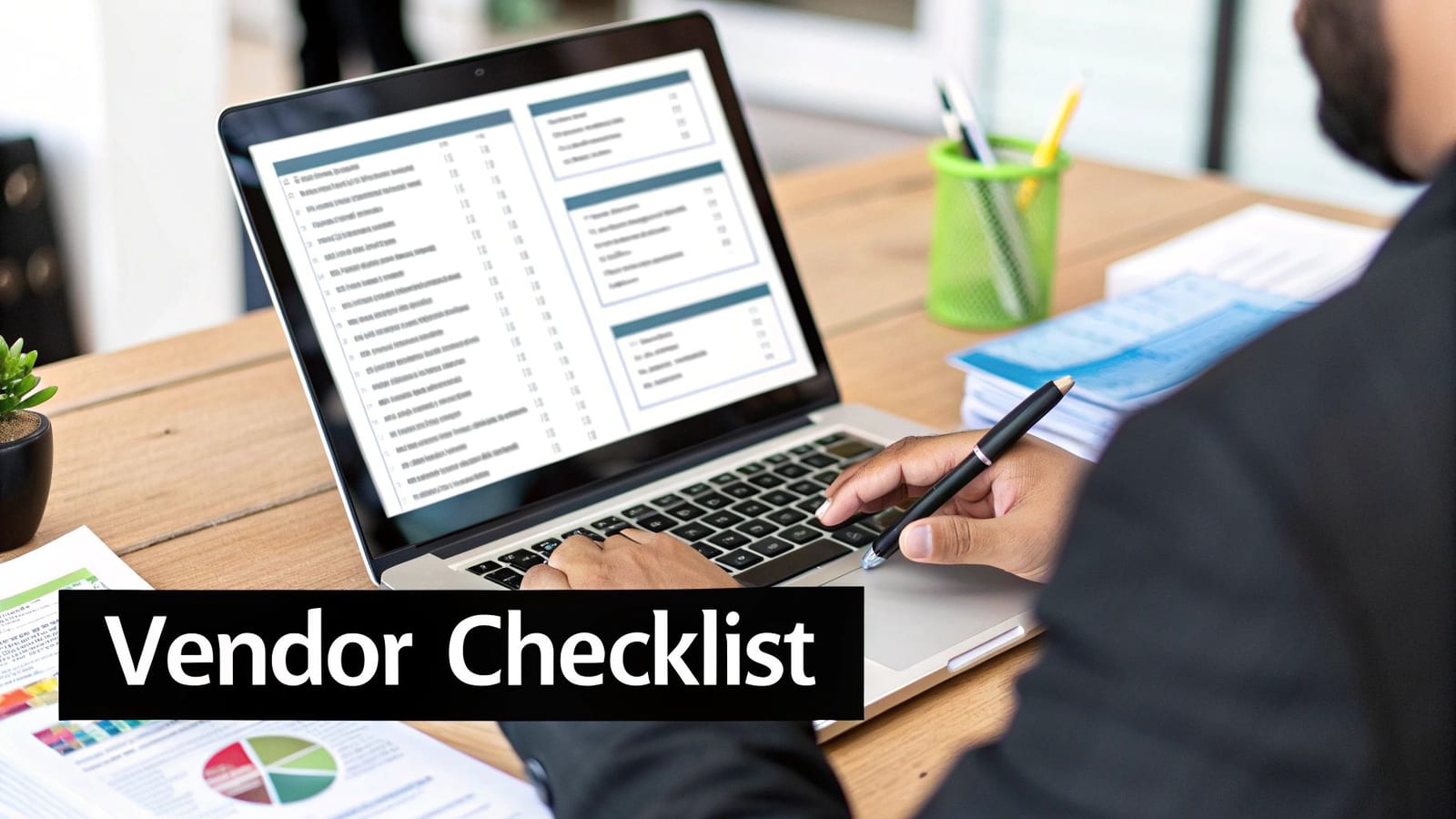 A person reviews a vendor checklist on a laptop, holding a pen at a wooden desk.