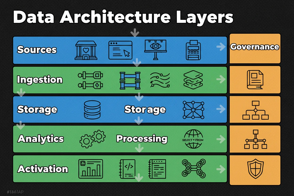 Layered architecture diagram: Data Sources (CRM, Web/App, Ads, POS), Ingestion (connectors, ETL/ELT, CDC, streaming), Storage (data lake/lakehouse), Processing (SQL/transform, dbt-like modeling, identity graph), Analytics (BI/ML notebooks), Activation (reverse ETL, CDP connectors, API), Governance (catalog, lineage, access control) as a cross-cutting layer.