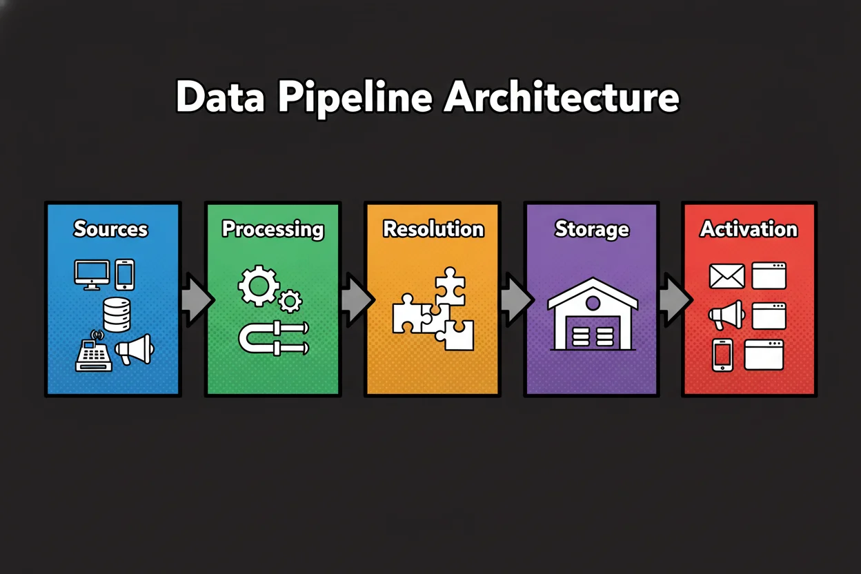 Horizontal pipeline diagram: left column shows data sources (web, app, CRM, ads, POS); arrows to ingestion and processing (ETL/ELT, event streaming); identity resolution and modeling block; storage/lakehouse; analytics and BI tools; activation to channels (email, ads, mobile, web). Icons emphasize flow.