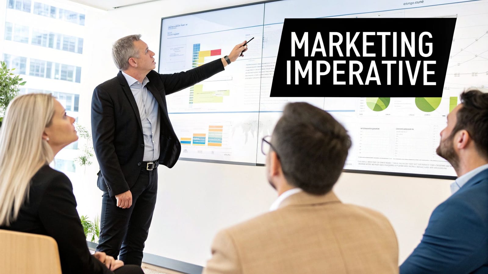 A man presents marketing data and charts on a large screen to an attentive audience in a modern office.