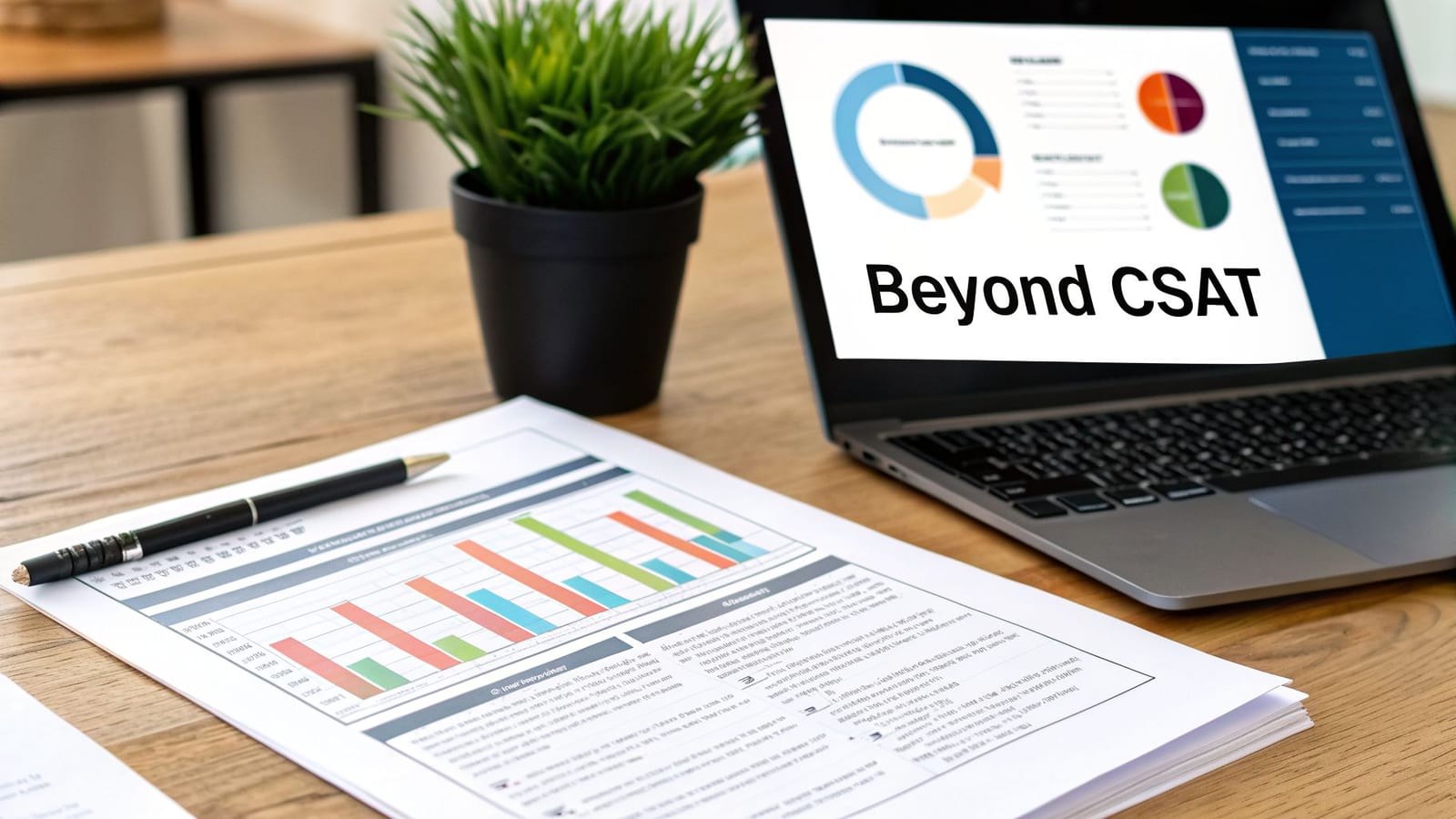 Wooden desk with a laptop displaying business charts and "Beyond CSAT", documents, and a plant.