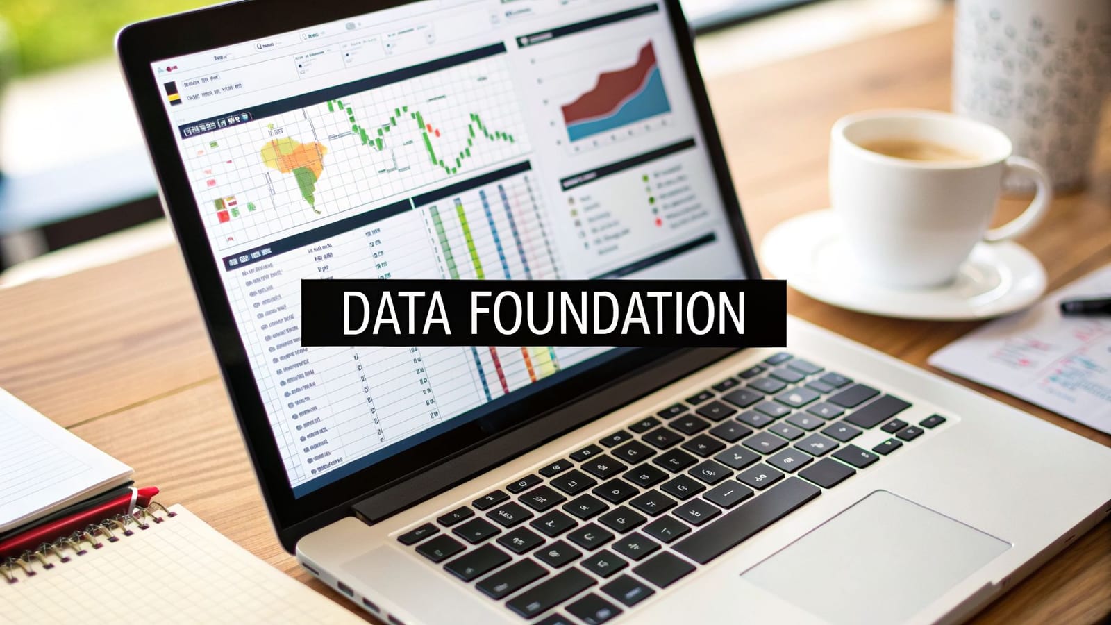 A laptop displaying data visualizations and charts, with a coffee cup and notebooks on a wooden desk.