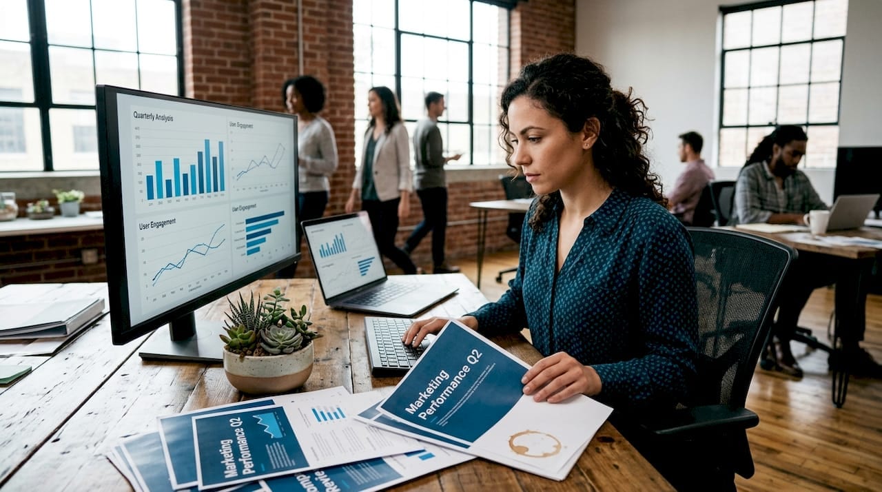 Marketer reviews data charts in open workspace