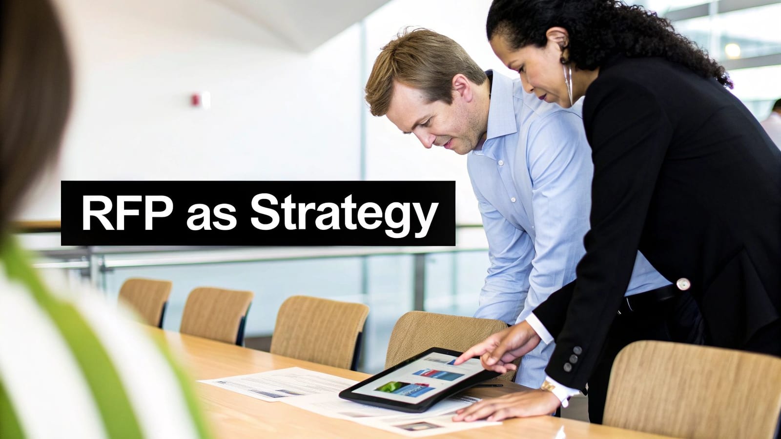 Two professionals review a tablet with 'RFP as Strategy' text overlaid in a modern office.