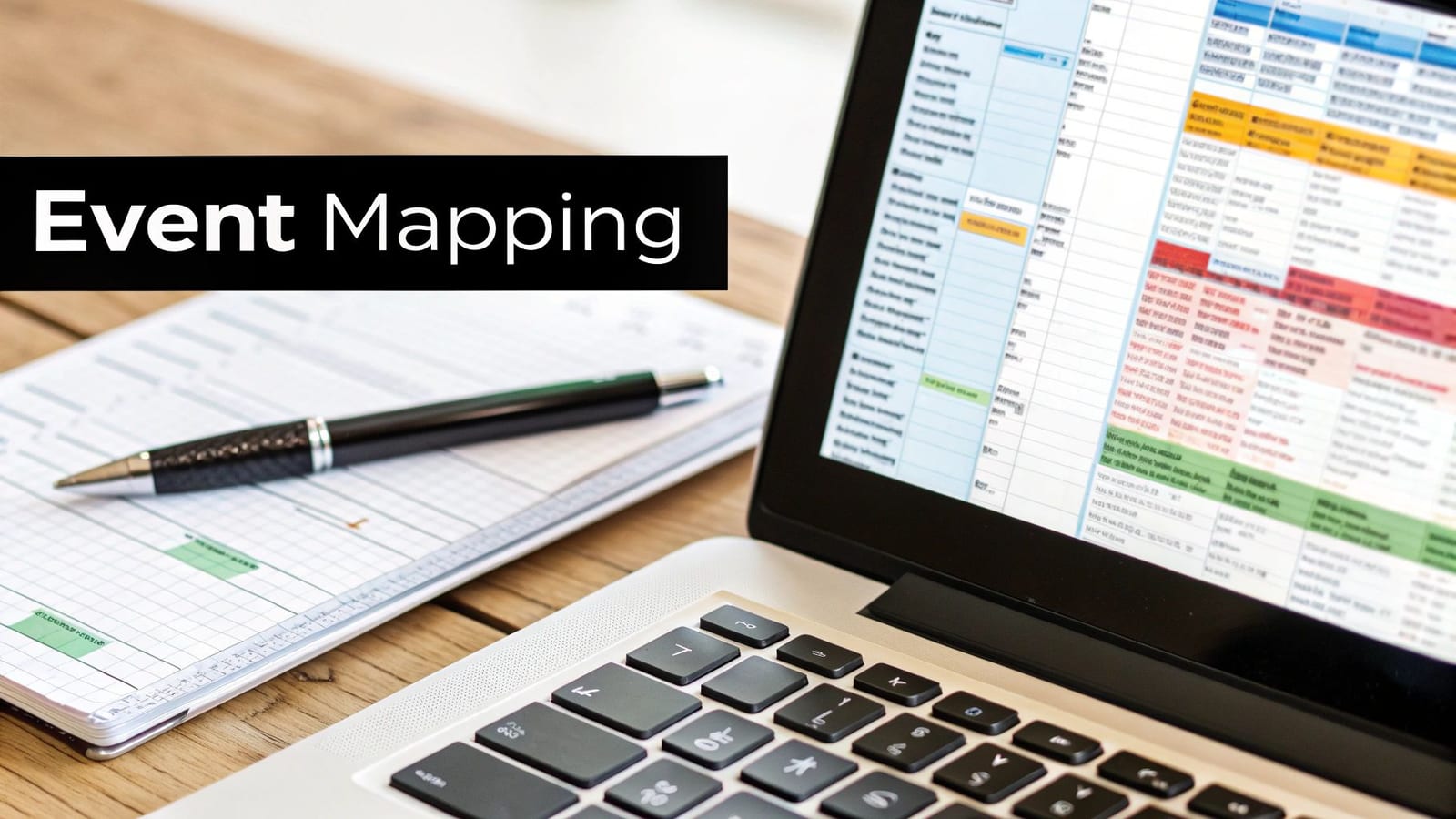 A laptop displaying an event mapping spreadsheet, with a pen and notebook on a wooden desk.