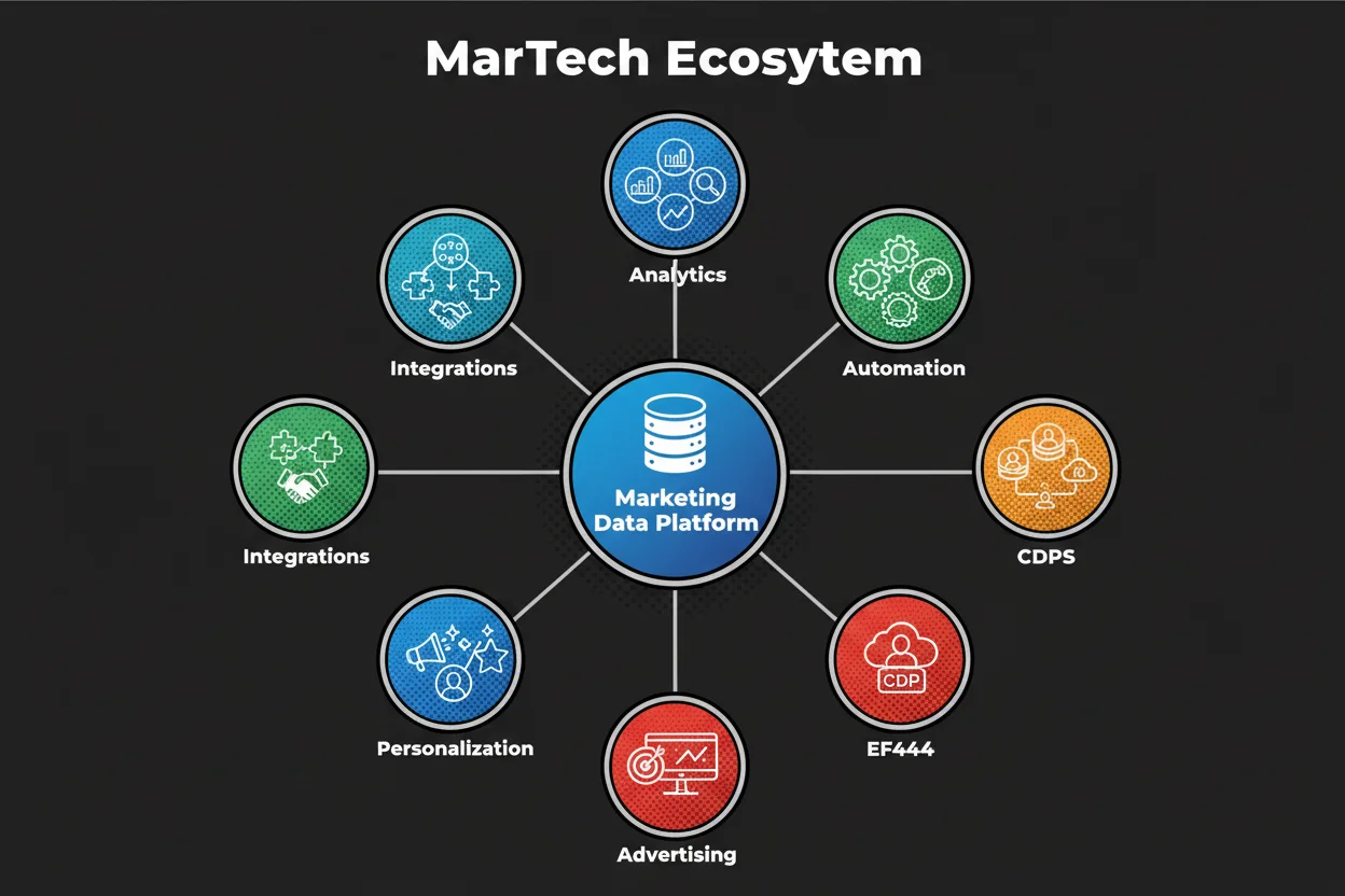 A clean market map of the MarTech ecosystem showing categories like data platforms, analytics, automation, CDPs, advertising tech, personalization, and integrations; each category includes illustrative logo-style icons for major players arranged in clusters with connecting lines to a central “Marketing Data Platform” hub