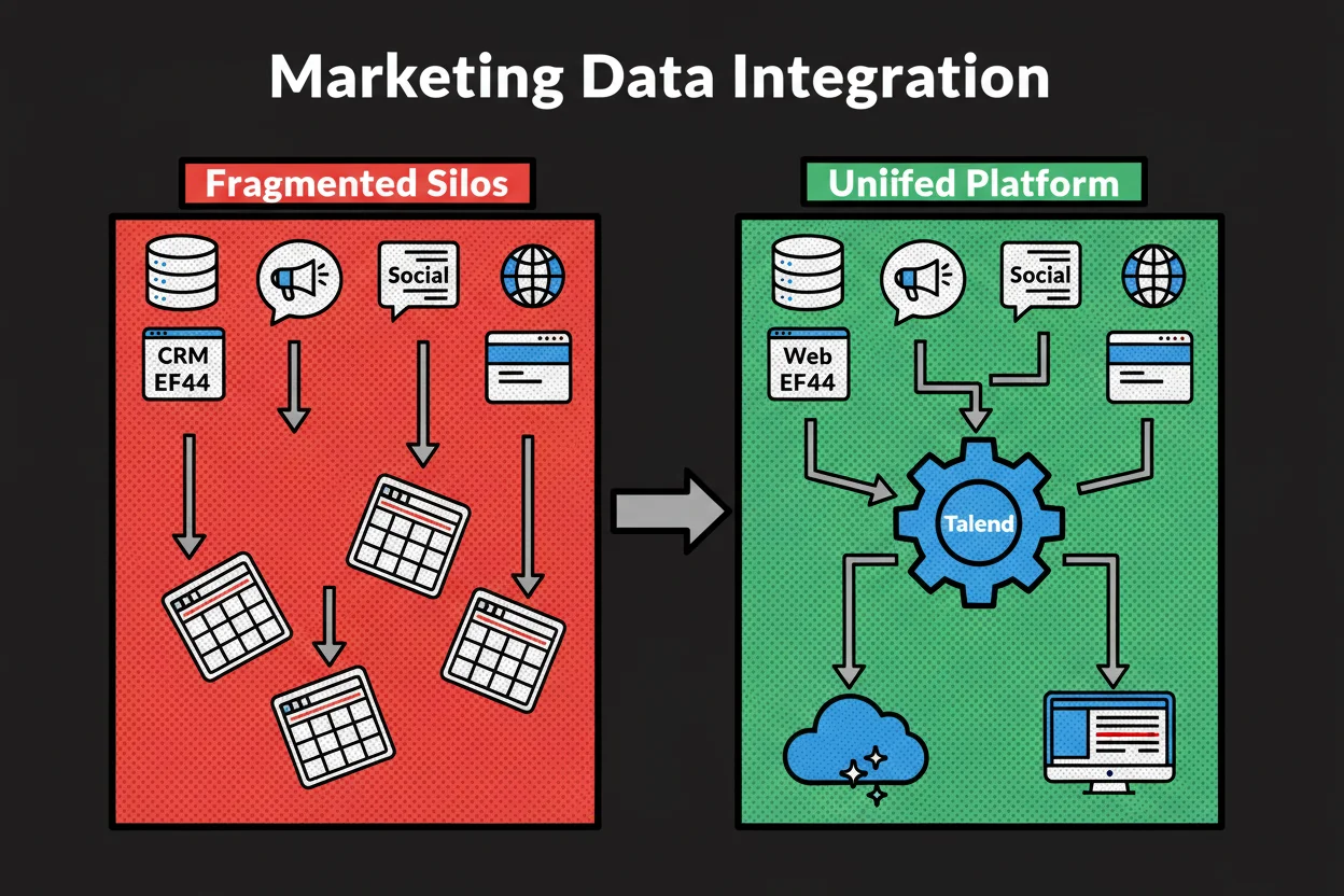 Split-panel diagram showing scattered CRM, Ads, Social, and Web data feeding separate spreadsheets on the left, versus all sources flowing through a Talend gear into a central cloud data warehouse and a unified marketing analytics dashboard