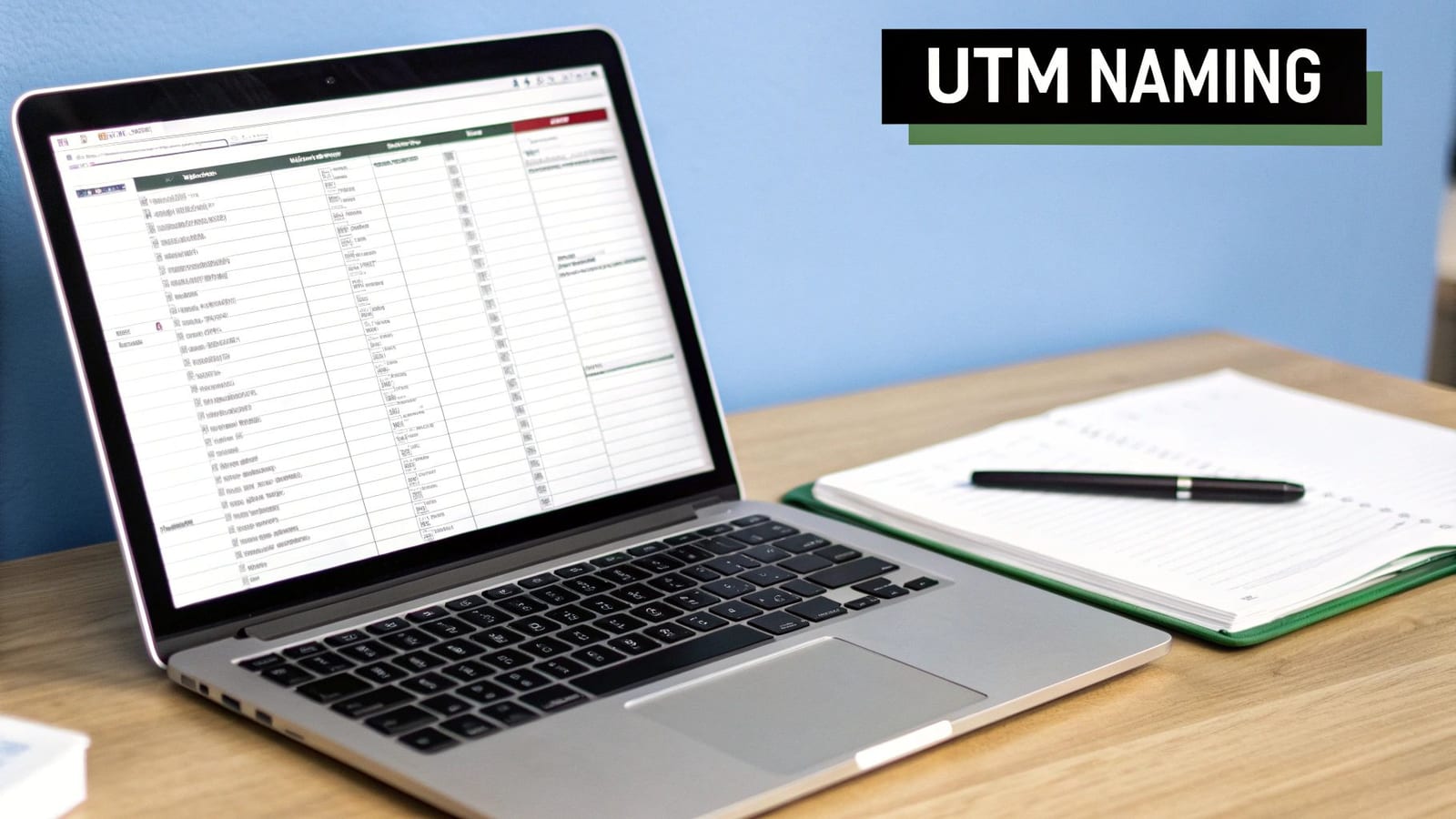 A laptop displaying a spreadsheet, a pen, and a notebook on a wooden desk with a 'UTM NAMING' text.