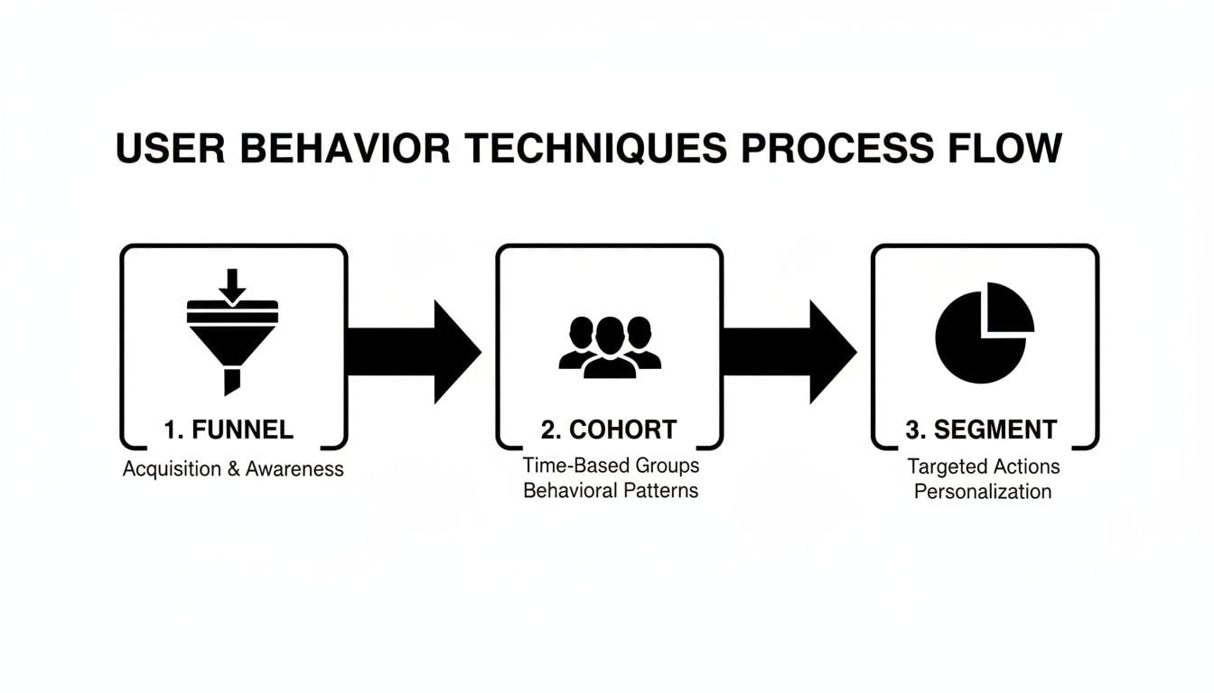 Diagram illustrating user behavior analysis techniques process flow: Funnel, Cohort, and Segment.