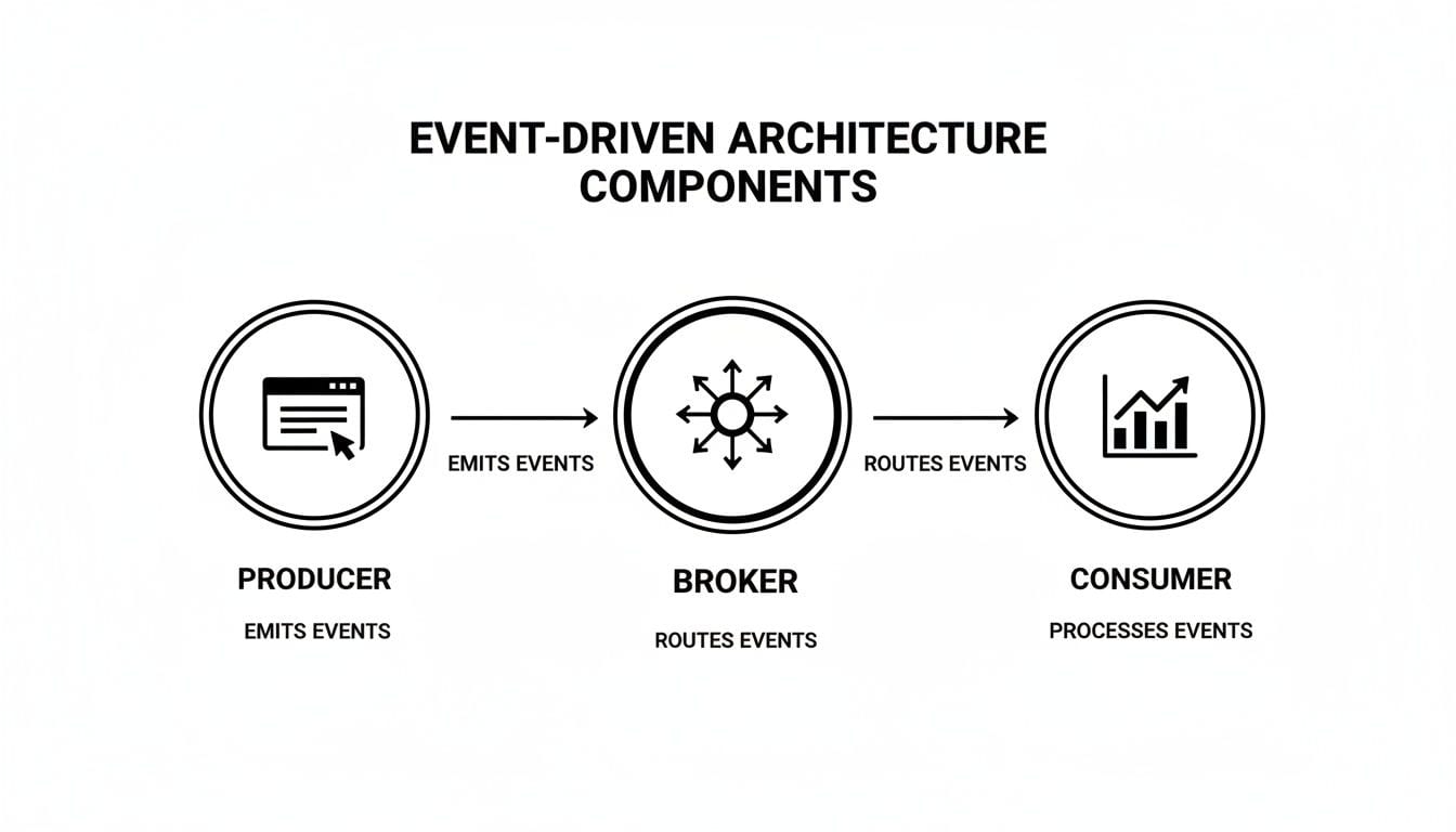 Diagram illustrating event-driven architecture components: producer, broker, and consumer, showing event flow.