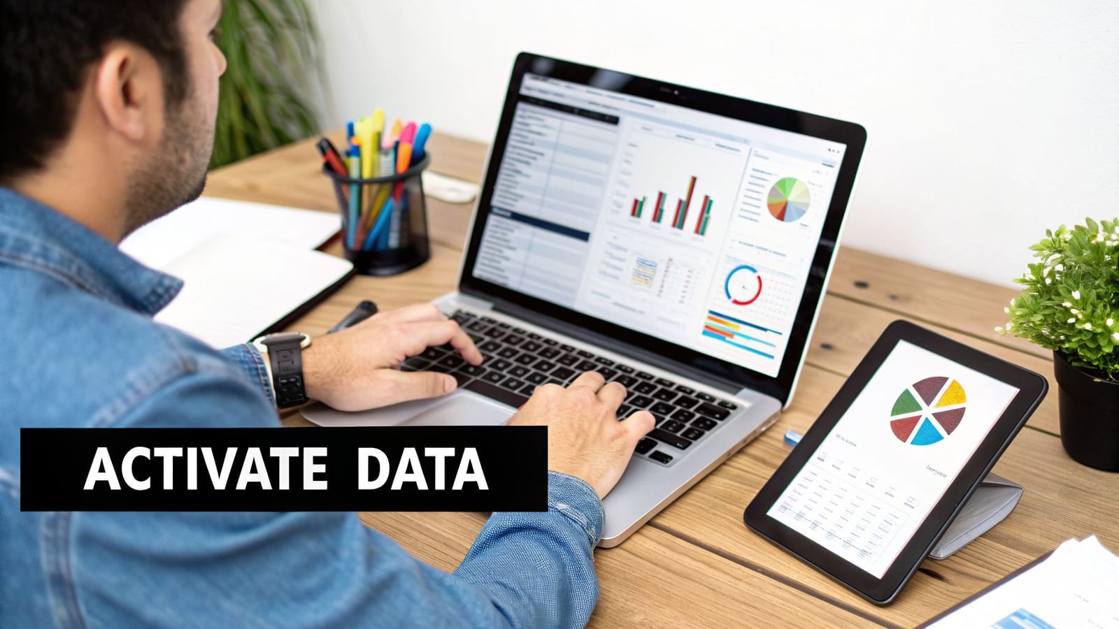 A person analyzes data on a laptop and tablet, working with various charts and graphs.