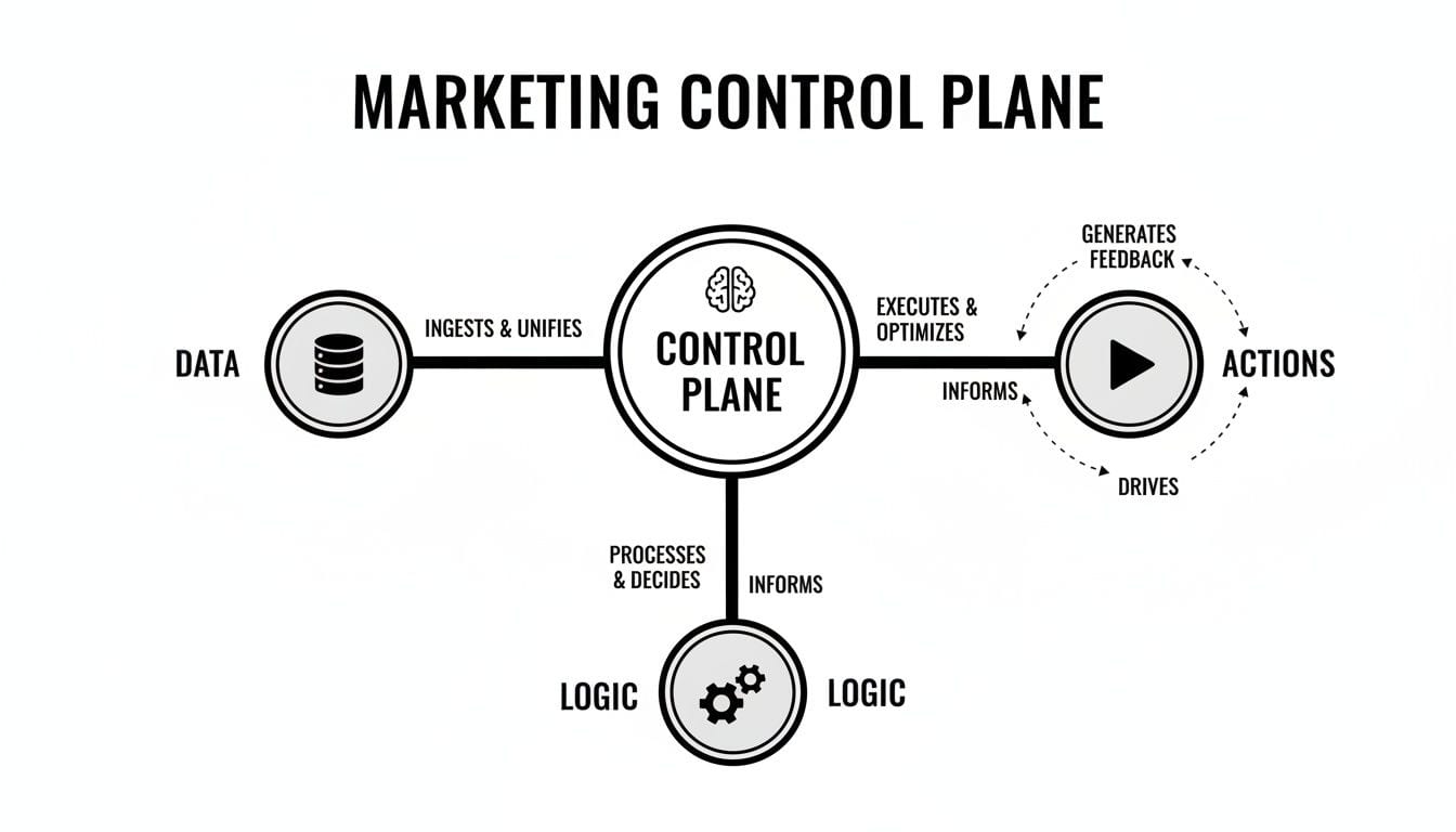 Diagram illustrating the Marketing Control Plane, showing data ingestion, logic processing, and action execution with feedback.