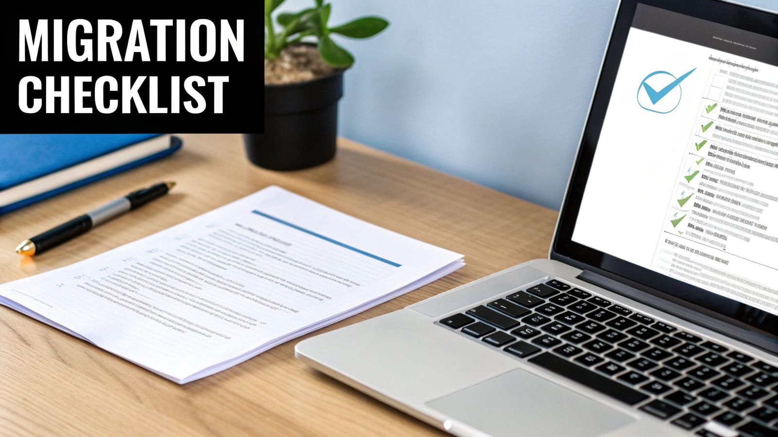 A desk with a laptop showing a digital migration checklist, alongside papers, a pen, and a plant.