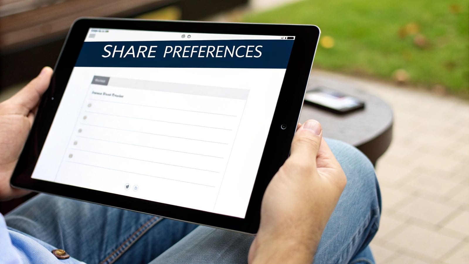 Close-up of hands holding a tablet displaying 'SHARE PREFERENCES' outdoors.