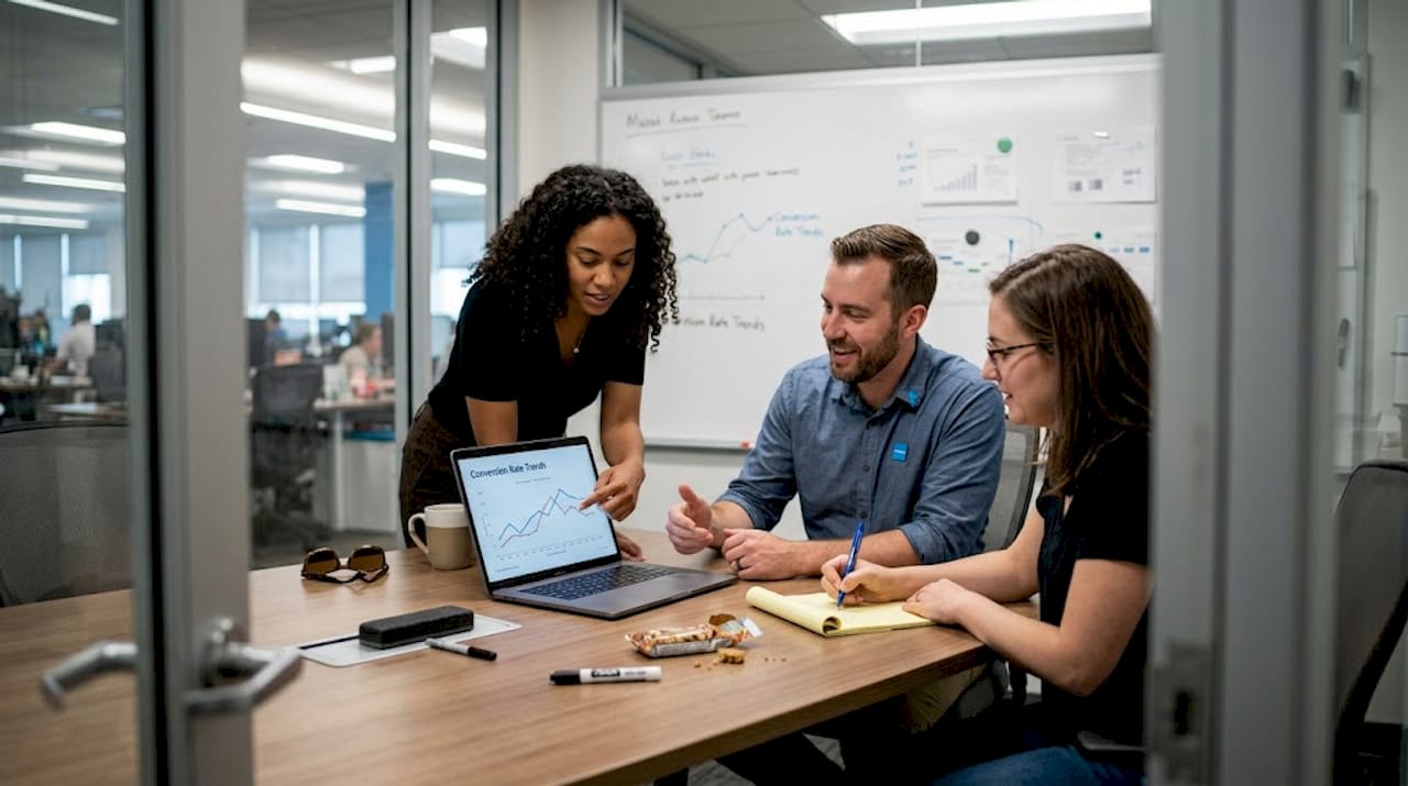 Team discusses conversion analytics dashboard
